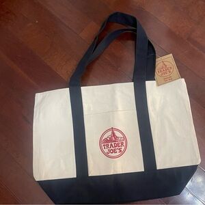 Trader Joe’s Large Canvas Reusable Tote Cream Navy Red Logo NWT